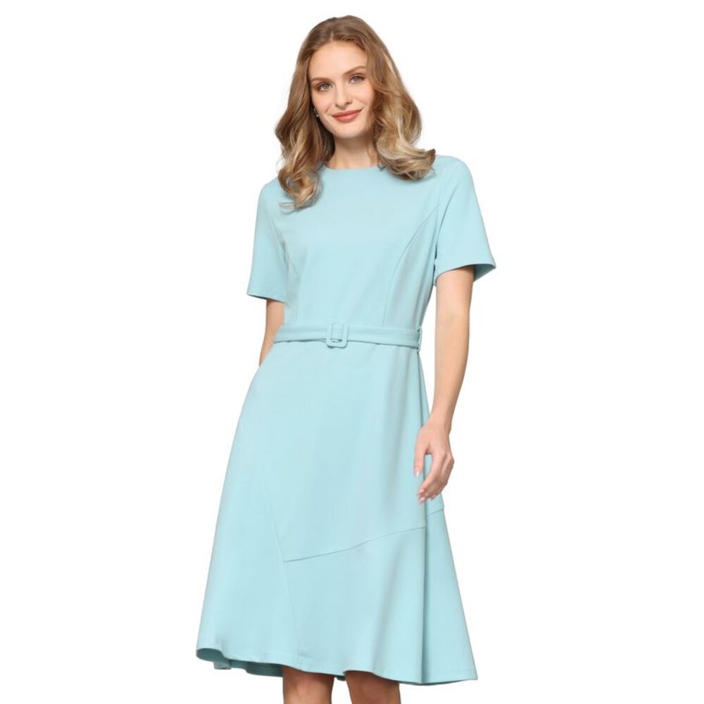 Women's A Line Work Dress Short Sleeve Belted Ruffle Flare Dress Light Blue